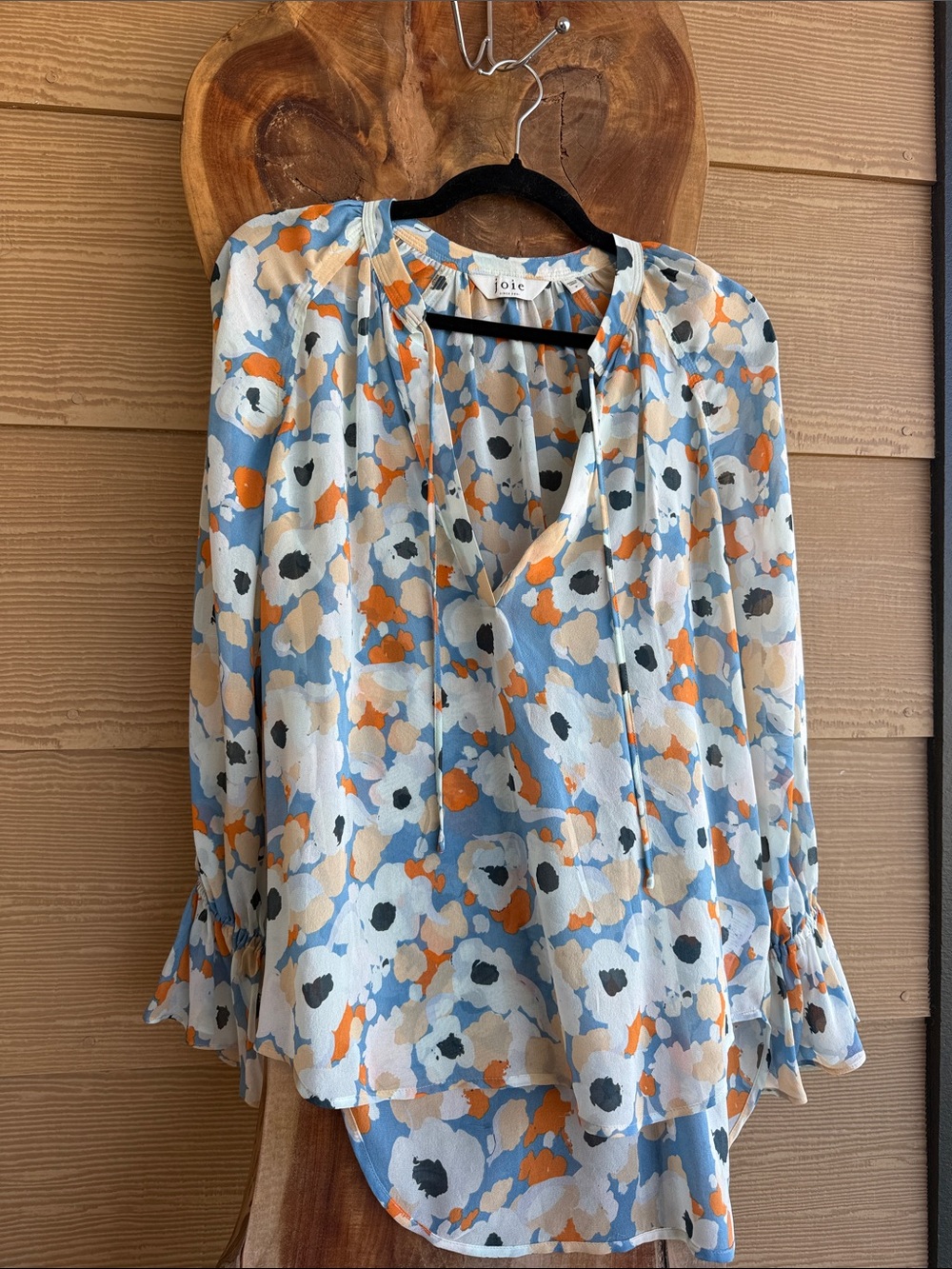 Joie Floral Tie-Neck Blouse in Blue, Orange, Cream